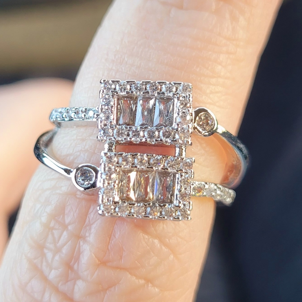 Modern Rectangle Diamond Silver Ring Size 6